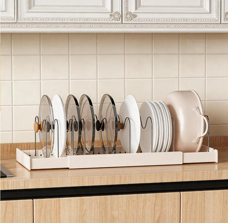 Pots and Pans Organizer under Cabinet, Expandable Adjustable Pot Lid Organizer Rack with 9 Stainless Steel Dividers, Food Storage Container Lid Holder for Kitchen Countertop Storage (White)