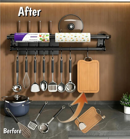 Wall Mount Organize– 3-in-1 Stainless Steel Rack with Pot Lid Holder, Knife Storage, Paper Towel Bar & 8 Sliding Hooks, No-Drill Adhesive or Screw Mount, Matte Black