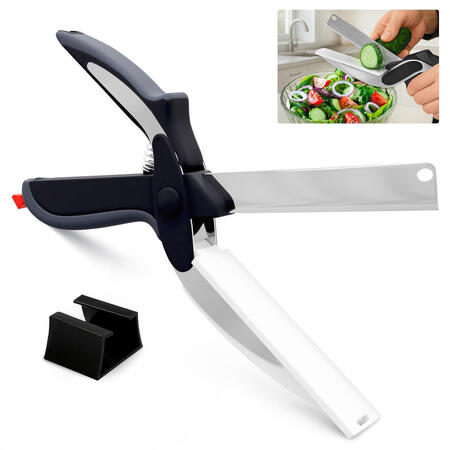 2 in 1 Kitchen Scissors for Food – Stainless Steel 9.5 Tomato Knife Chops Vegetables, Fruit, Cheese, Meat in Seconds Dishwasher Safe Cutting Board Scissors with Safety Lock – Mess-Free Prep