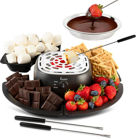 Kusini 2 in 1 Electric Fondue Set & Smores Maker Tabletop Indoor Kit with Removable Trays & 4 Skewers – Smores Station Chocolate Melting Pot - Unique Couple Gift Set Idea, Date & Movie Night Supplies