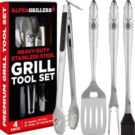 Alpha Grillers Grilling Accessories - Grilling Gifts for Men - BBQ Accessories Grill Tools Set with Spatula, Fork, Brush & Tongs - Outdoor Barbecue Utensils Birthday Gifts for Men Him Dad Husband