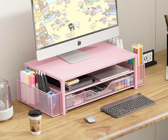 Desk Organizer and Accessories, 2-Tier Computer Monitor Stand Riser with Drawer and 2 Pen Holders