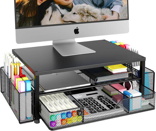 Desk Organizer and Accessories, 2-Tier Computer Monitor Stand Riser with Drawer and 2 Pen Holders