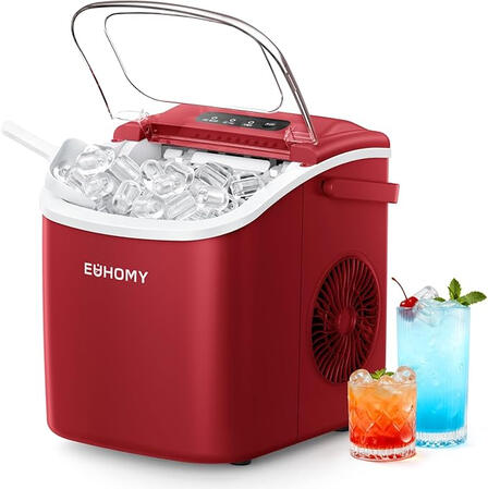 EUHOMY Countertop Ice Maker Machine with Handle, 26lbs in 24Hrs, 9 Ice Cubes Ready in 6 Mins, Auto-Cleaning Portable Ice Maker with Basket and Scoop, for HomeKitchenCampingRV. (Black)