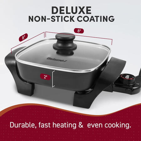 Elite Gourmet EG808 8” x 8 Non-stick Electric Skillet, Dishwasher Safe with Tempered Glass Vented Lid, Rapid Heat Up, 600W, Black