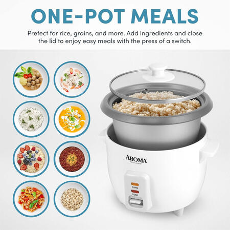 AROMA® Rice Cooker, 3-Cup (Uncooked) 6-Cup (Cooked), Small Rice Cooker, Oatmeal Cooker, Soup Maker, Auto Keep Warm, 1.5 Qt, White, ARC-363NG