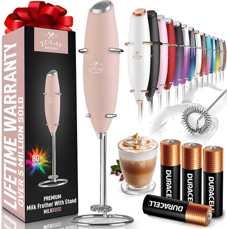 Zulay Kitchen Powerful Milk Frother Wand With 2 Duracell Batteries - Ultra Fast Handheld Drink Mixer - Electric Whisk Foam Maker for Coffee, Lattes, Cappuccino, Matcha, Hot Chocolate & Creamer - Black