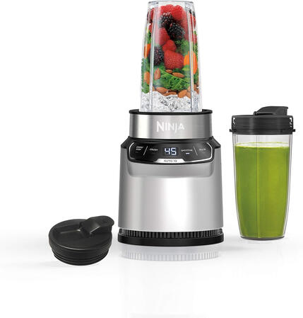 Ninja Blender Nutri Pro Single Serve For Smoothies, Salsa, Shakes and Frozen Drinks Includes 2 Smoothie Cups & Lids Crushes Ice, Fruit & Veggies Silver BN401